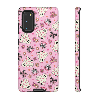 Pink Ghosts and Flowers Halloween Phone Case – Tough Phone Case – Cute Spooky Design - iPhone 16 - Samsung Galaxy - Google Pixel