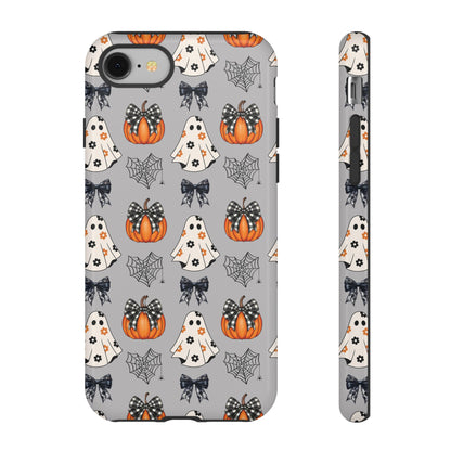 Halloween Ghosts and Pumpkins Gray Phone Case – Tough Phone Case – Cute Spooky Design - iPhone 16 - Samsung Galaxy - Google Pixel