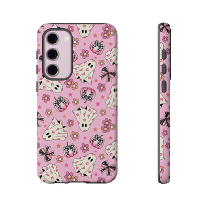 Pink Ghosts and Flowers Halloween Phone Case – Tough Phone Case – Cute Spooky Design - iPhone 16 - Samsung Galaxy - Google Pixel