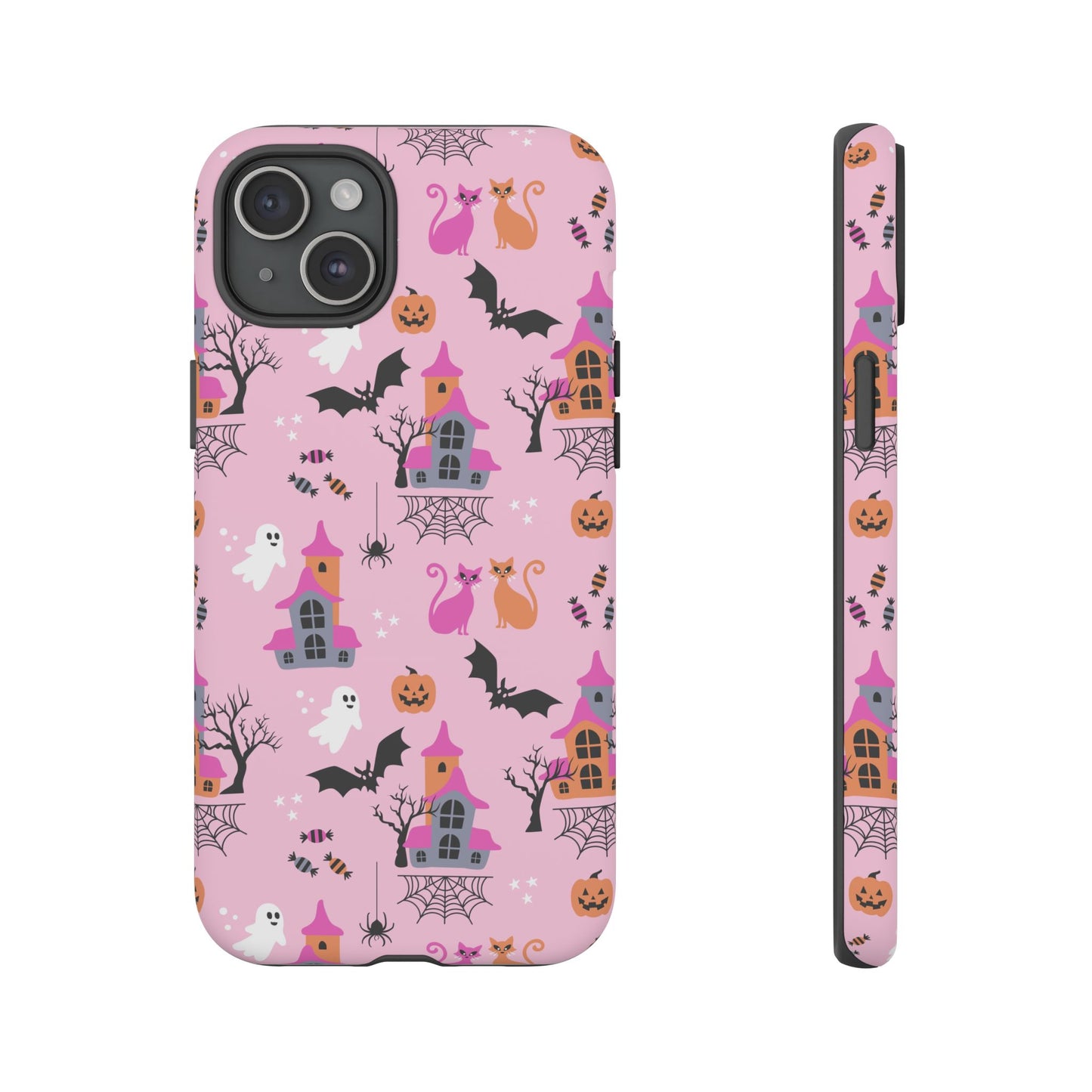 Pink Haunted House and Cats Halloween Phone Case – Tough Phone Case – Cute Spooky Design - iPhone 16 - Samsung Galaxy - Google Pixel