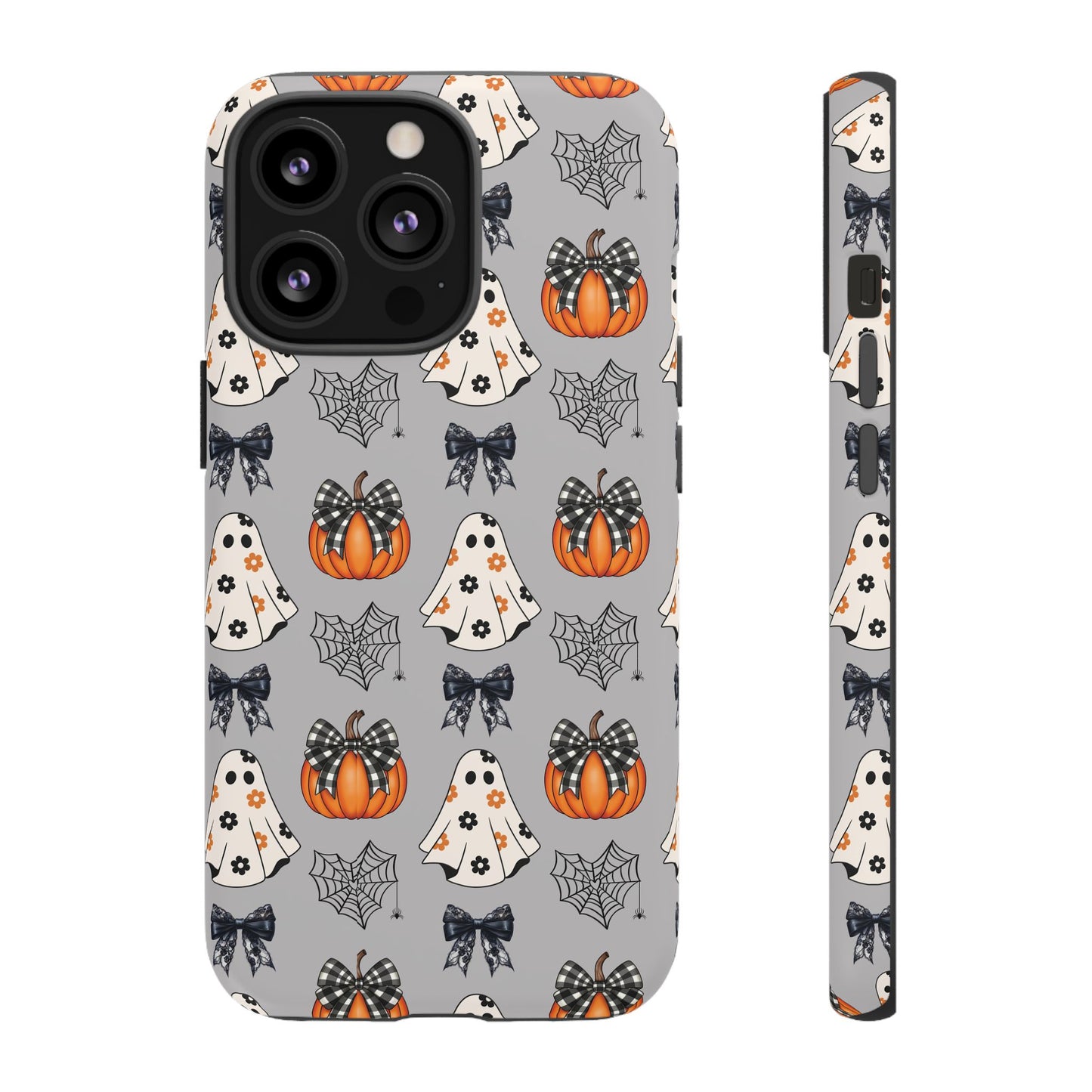 Halloween Ghosts and Pumpkins Gray Phone Case – Tough Phone Case – Cute Spooky Design - iPhone 16 - Samsung Galaxy - Google Pixel