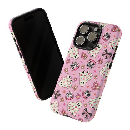 Pink Ghosts and Flowers Halloween Phone Case – Tough Phone Case – Cute Spooky Design - iPhone 16 - Samsung Galaxy - Google Pixel