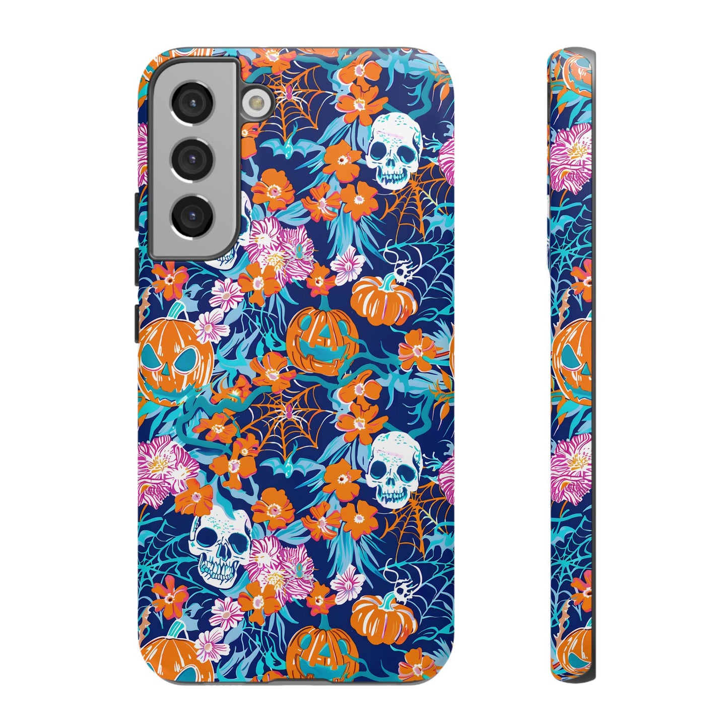 Floral Skulls and Pumpkins Halloween Phone Case – Tough Phone Case – Cute Spooky Design - iPhone 16 - Samsung Galaxy - Google Pixel