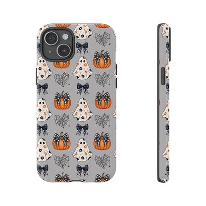 Halloween Ghosts and Pumpkins Gray Phone Case – Tough Phone Case – Cute Spooky Design - iPhone 16 - Samsung Galaxy - Google Pixel