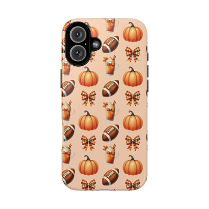 Pumpkins, Footballs, and Bows Fall Autumn Phone Case – Tough Phone Case – Cute Spooky Design - iPhone 16 - Samsung Galaxy - Google Pixel