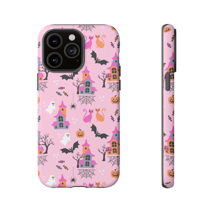 Pink Haunted House and Cats Halloween Phone Case – Tough Phone Case – Cute Spooky Design - iPhone 16 - Samsung Galaxy - Google Pixel