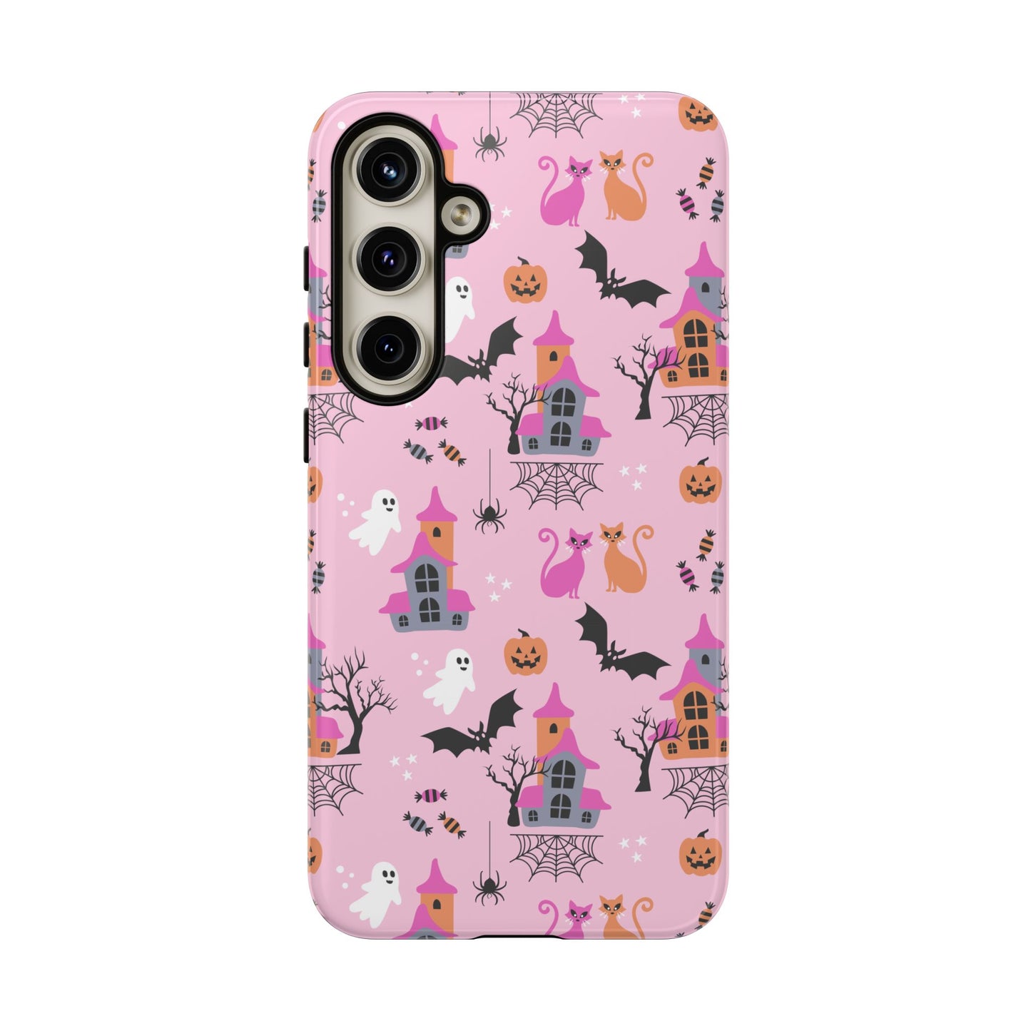 Pink Haunted House and Cats Halloween Phone Case – Tough Phone Case – Cute Spooky Design - iPhone 16 - Samsung Galaxy - Google Pixel