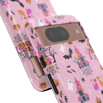 Pink Haunted House and Cats Halloween Phone Case – Tough Phone Case – Cute Spooky Design - iPhone 16 - Samsung Galaxy - Google Pixel