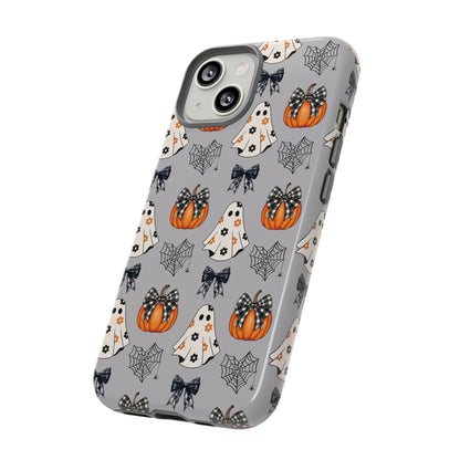 Halloween Ghosts and Pumpkins Gray Phone Case – Tough Phone Case – Cute Spooky Design - iPhone 16 - Samsung Galaxy - Google Pixel