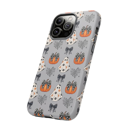 Halloween Ghosts and Pumpkins Gray Phone Case – Tough Phone Case – Cute Spooky Design - iPhone 16 - Samsung Galaxy - Google Pixel