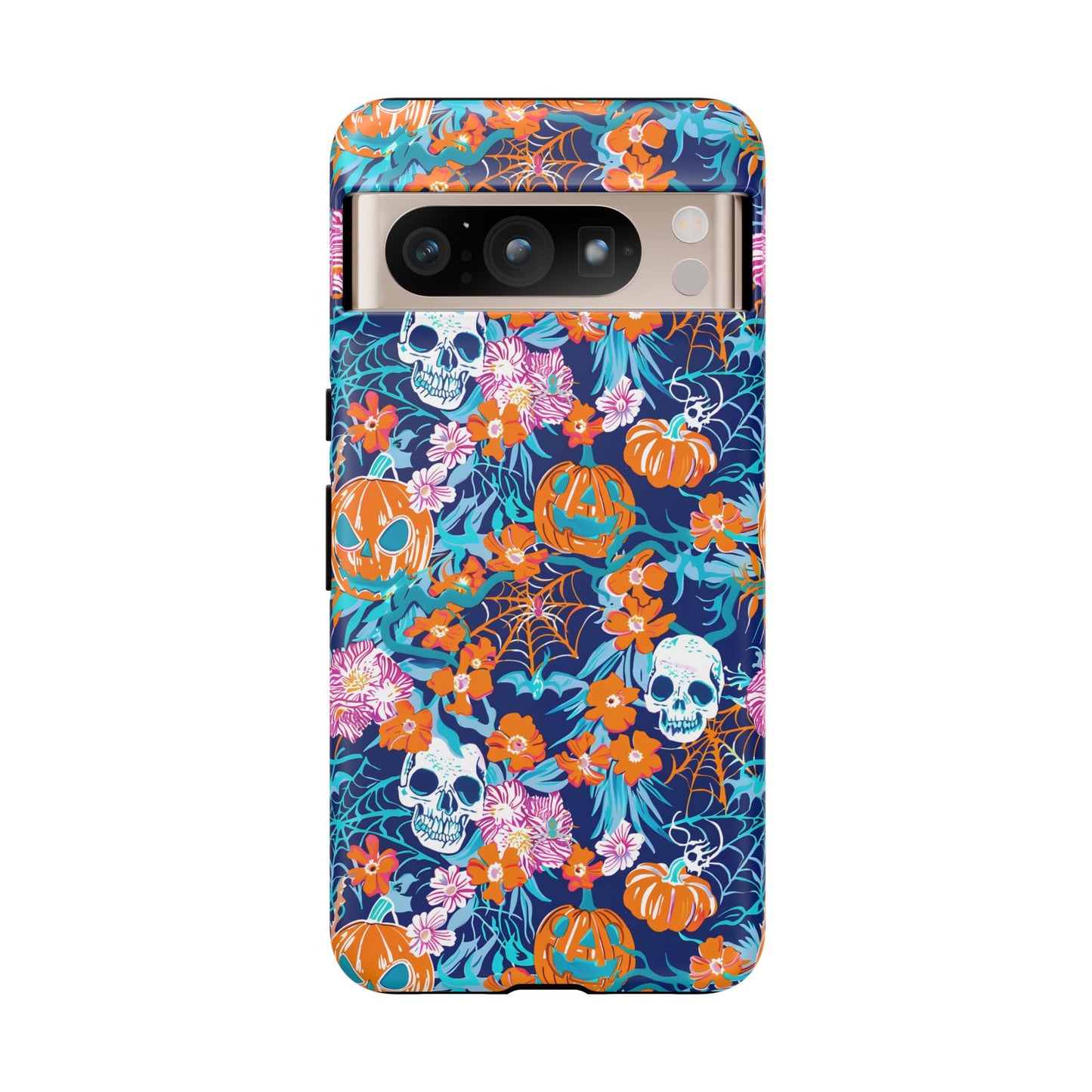 Floral Skulls and Pumpkins Halloween Phone Case – Tough Phone Case – Cute Spooky Design - iPhone 16 - Samsung Galaxy - Google Pixel