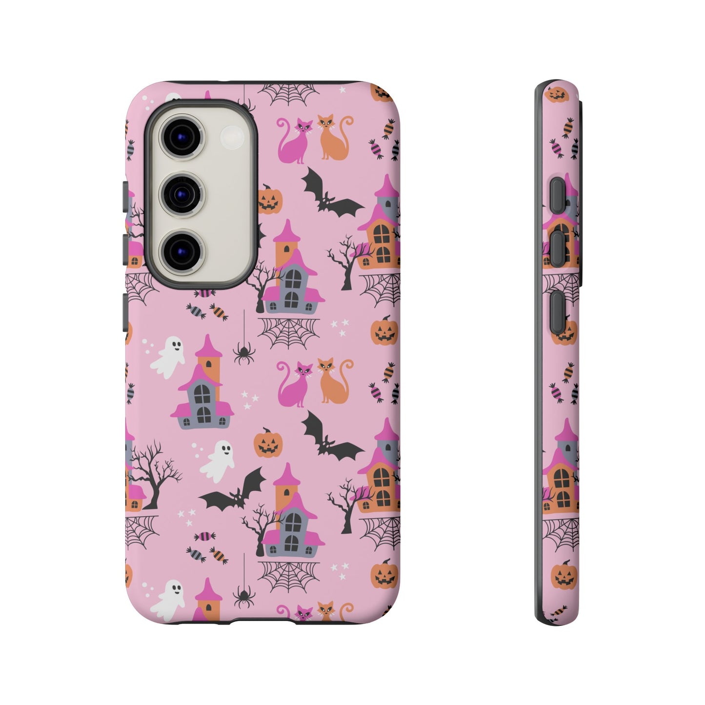 Pink Haunted House and Cats Halloween Phone Case – Tough Phone Case – Cute Spooky Design - iPhone 16 - Samsung Galaxy - Google Pixel