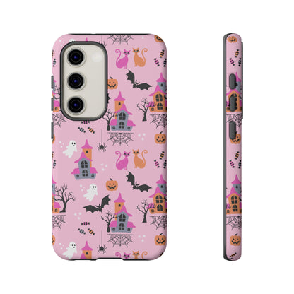 Pink Haunted House and Cats Halloween Phone Case – Tough Phone Case – Cute Spooky Design - iPhone 16 - Samsung Galaxy - Google Pixel