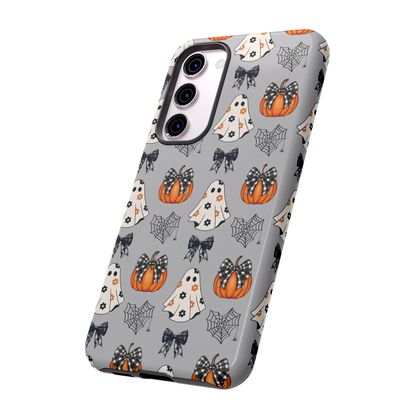 Halloween Ghosts and Pumpkins Gray Phone Case – Tough Phone Case – Cute Spooky Design - iPhone 16 - Samsung Galaxy - Google Pixel