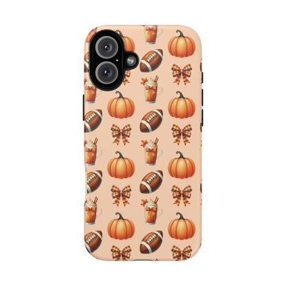 Pumpkins, Footballs, and Bows Fall Autumn Phone Case – Tough Phone Case – Cute Spooky Design - iPhone 16 - Samsung Galaxy - Google Pixel