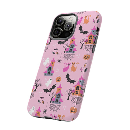 Pink Haunted House and Cats Halloween Phone Case – Tough Phone Case – Cute Spooky Design - iPhone 16 - Samsung Galaxy - Google Pixel