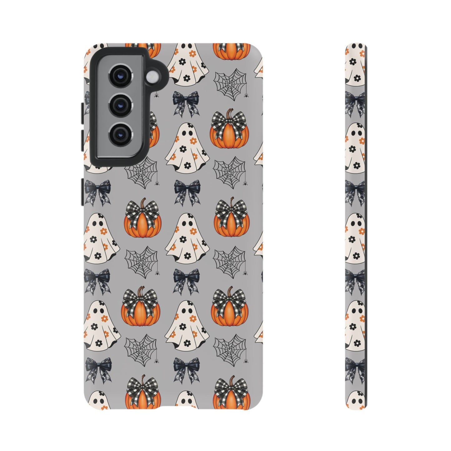 Halloween Ghosts and Pumpkins Gray Phone Case – Tough Phone Case – Cute Spooky Design - iPhone 16 - Samsung Galaxy - Google Pixel