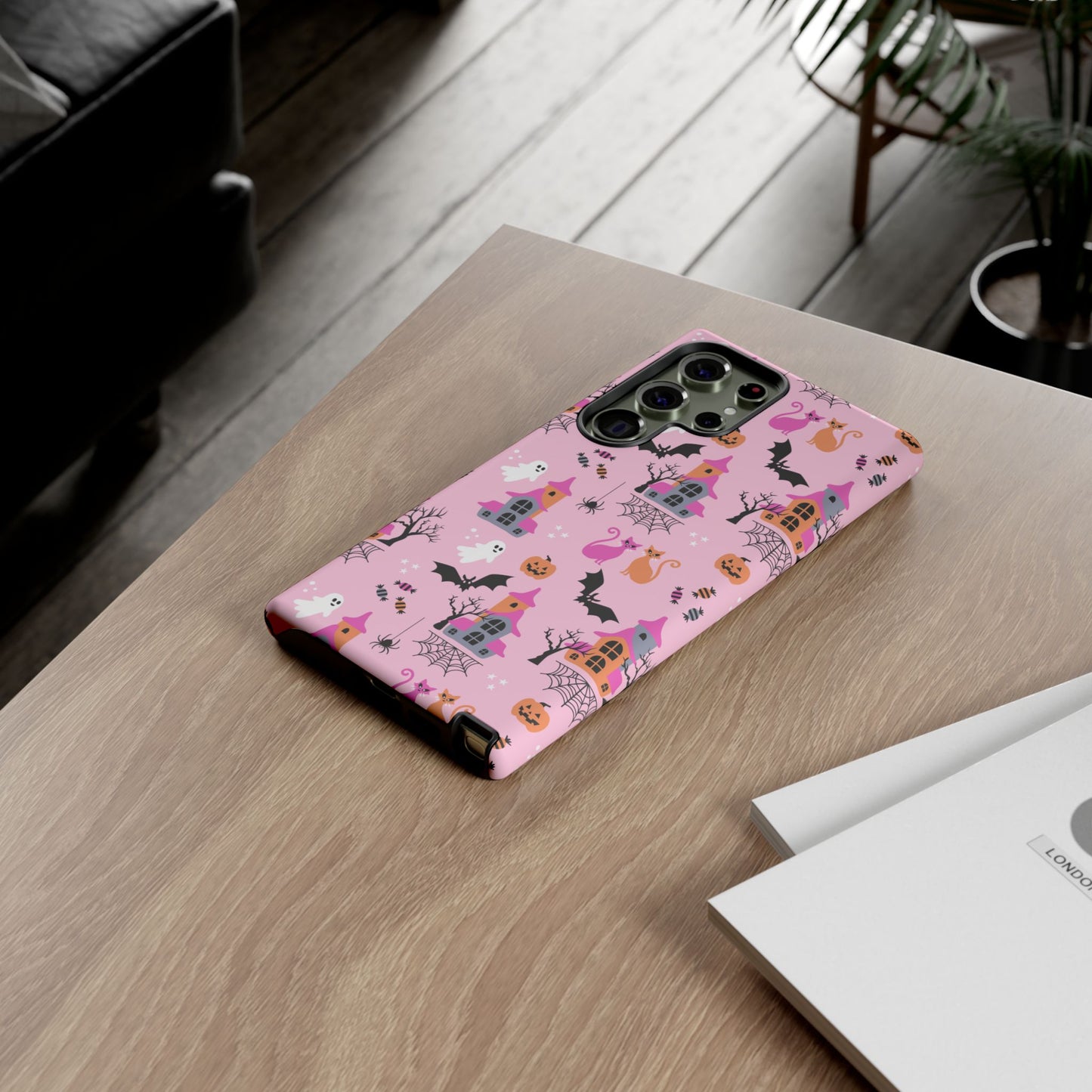 Pink Haunted House and Cats Halloween Phone Case – Tough Phone Case – Cute Spooky Design - iPhone 16 - Samsung Galaxy - Google Pixel