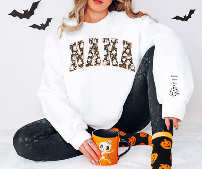 Personalized Halloween Sweatshirt for Nana – Custom Sleeve with Kids' Names, Cozy and Stylish Fall Gift