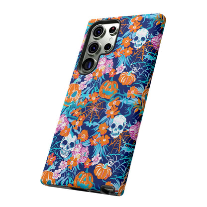 Floral Skulls and Pumpkins Halloween Phone Case – Tough Phone Case – Cute Spooky Design - iPhone 16 - Samsung Galaxy - Google Pixel