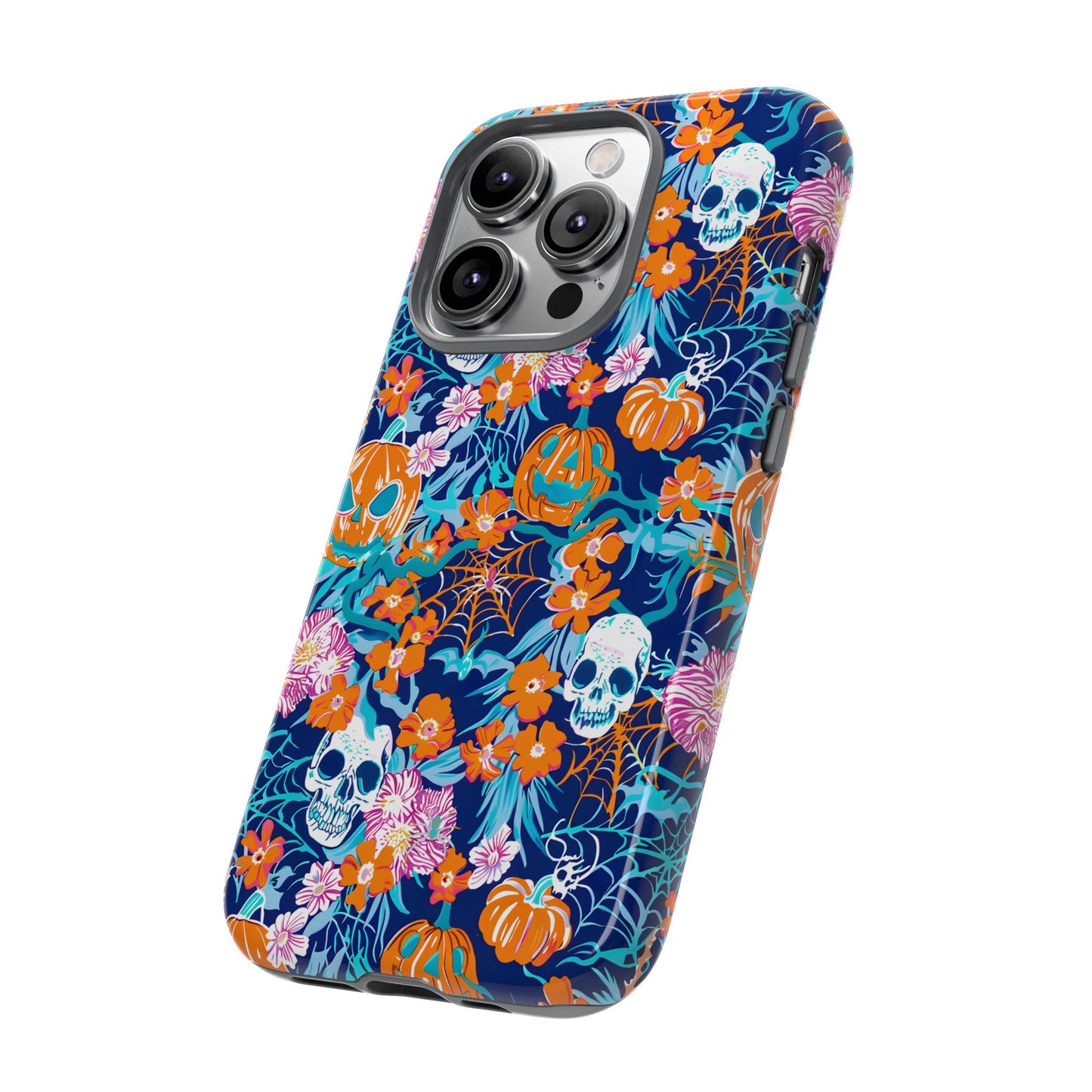 Floral Skulls and Pumpkins Halloween Phone Case – Tough Phone Case – Cute Spooky Design - iPhone 16 - Samsung Galaxy - Google Pixel