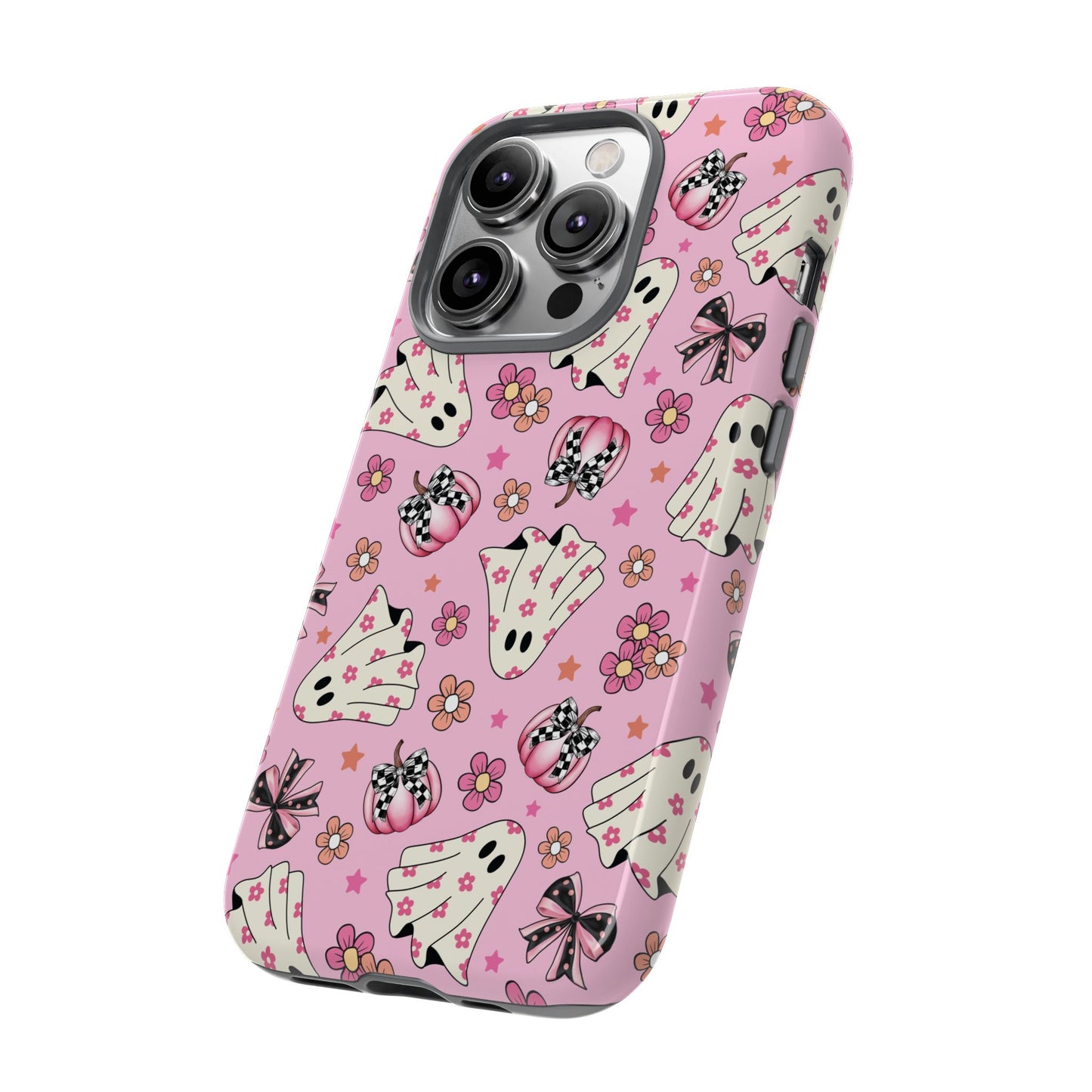 Pink Ghosts and Flowers Halloween Phone Case – Tough Phone Case – Cute Spooky Design - iPhone 16 - Samsung Galaxy - Google Pixel