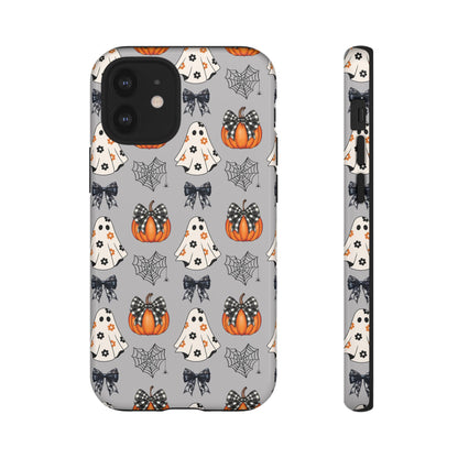 Halloween Ghosts and Pumpkins Gray Phone Case – Tough Phone Case – Cute Spooky Design - iPhone 16 - Samsung Galaxy - Google Pixel