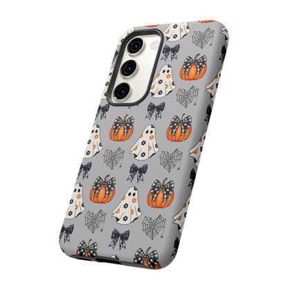 Halloween Ghosts and Pumpkins Gray Phone Case – Tough Phone Case – Cute Spooky Design - iPhone 16 - Samsung Galaxy - Google Pixel