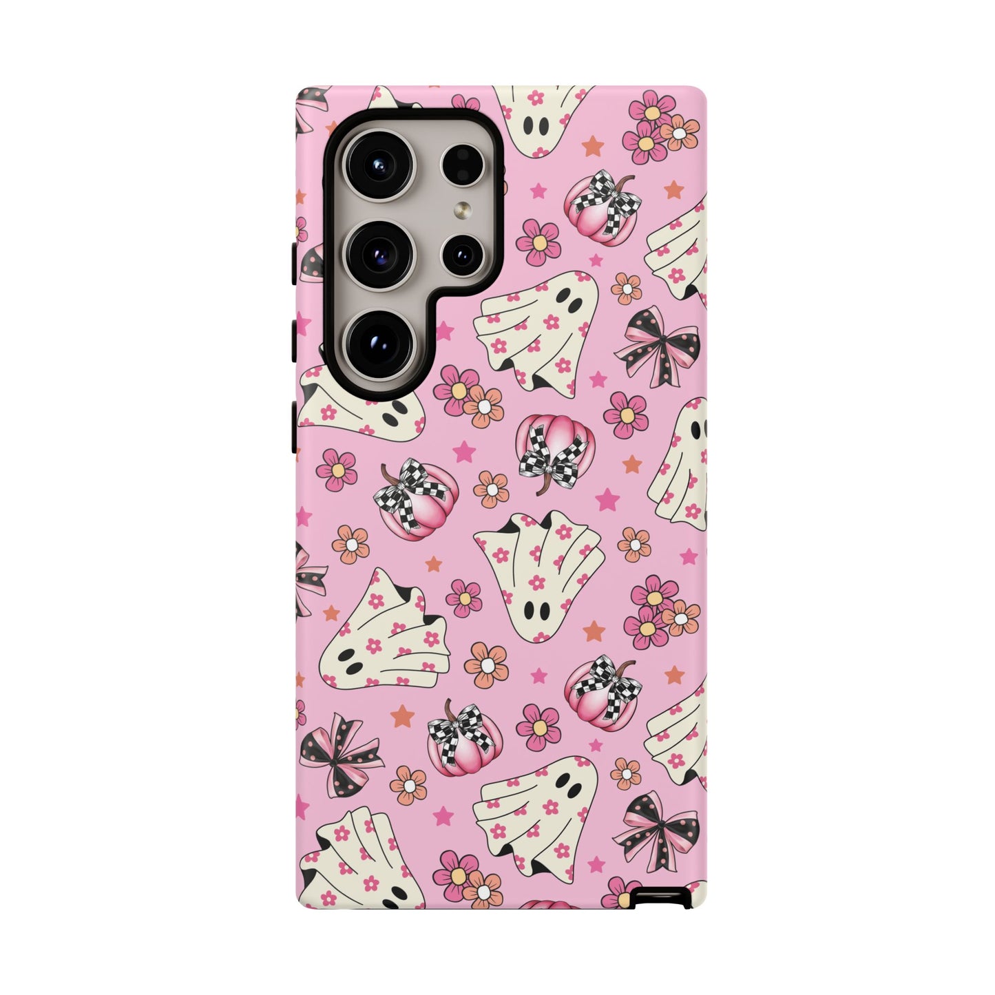 Pink Ghosts and Flowers Halloween Phone Case – Tough Phone Case – Cute Spooky Design - iPhone 16 - Samsung Galaxy - Google Pixel