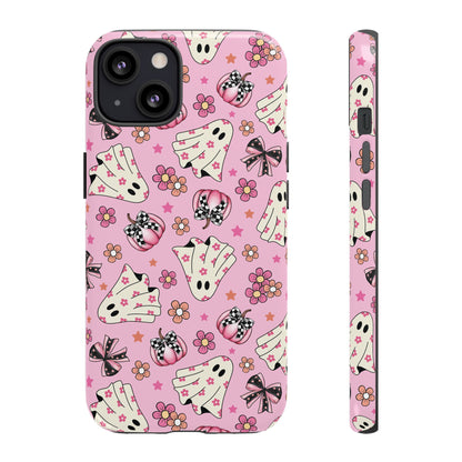 Pink Ghosts and Flowers Halloween Phone Case – Tough Phone Case – Cute Spooky Design - iPhone 16 - Samsung Galaxy - Google Pixel