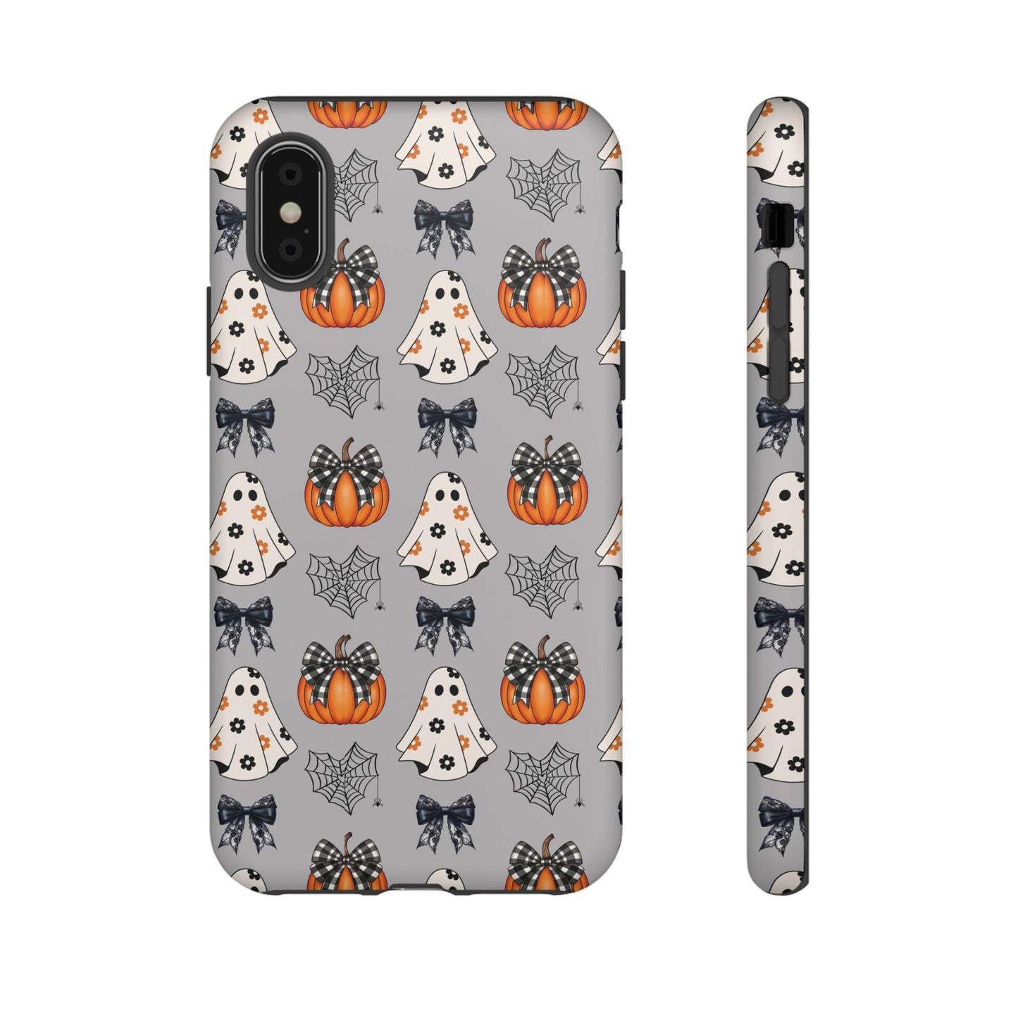 Halloween Ghosts and Pumpkins Gray Phone Case – Tough Phone Case – Cute Spooky Design - iPhone 16 - Samsung Galaxy - Google Pixel