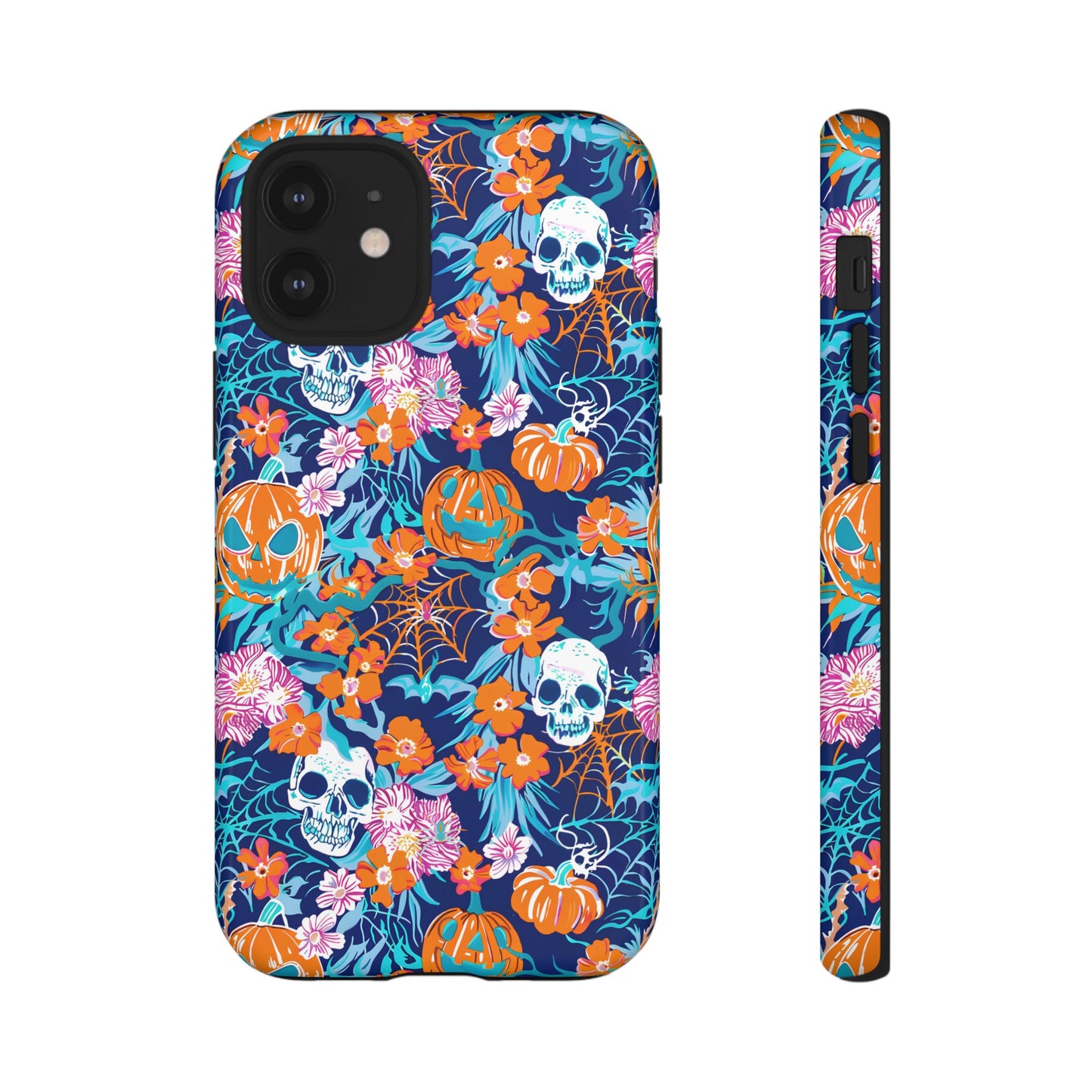 Floral Skulls and Pumpkins Halloween Phone Case – Tough Phone Case – Cute Spooky Design - iPhone 16 - Samsung Galaxy - Google Pixel