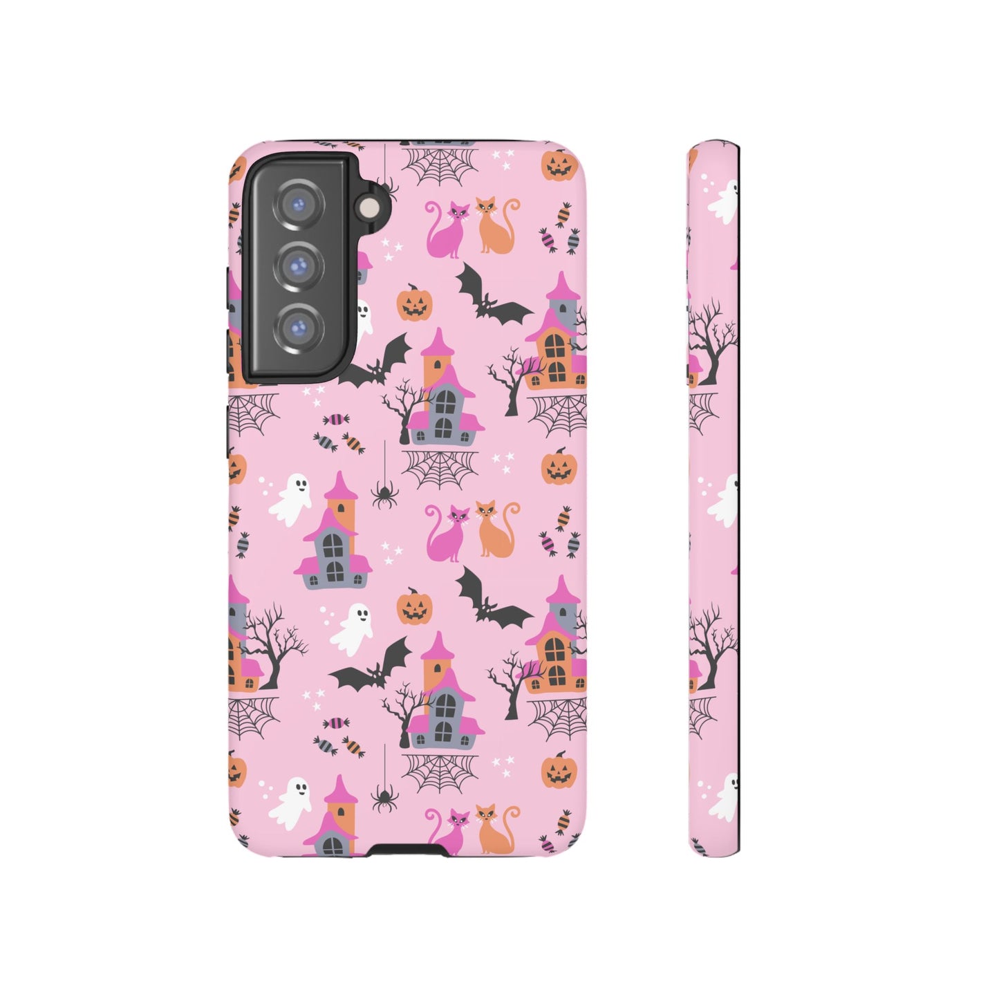 Pink Haunted House and Cats Halloween Phone Case – Tough Phone Case – Cute Spooky Design - iPhone 16 - Samsung Galaxy - Google Pixel