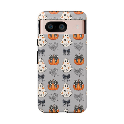 Halloween Ghosts and Pumpkins Gray Phone Case – Tough Phone Case – Cute Spooky Design - iPhone 16 - Samsung Galaxy - Google Pixel