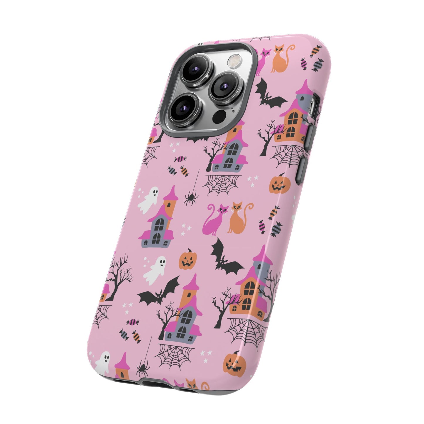 Pink Haunted House and Cats Halloween Phone Case – Tough Phone Case – Cute Spooky Design - iPhone 16 - Samsung Galaxy - Google Pixel