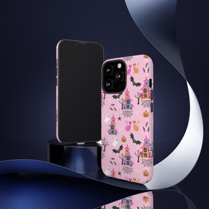 Pink Haunted House and Cats Halloween Phone Case – Tough Phone Case – Cute Spooky Design - iPhone 16 - Samsung Galaxy - Google Pixel