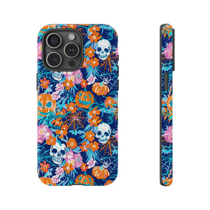 Floral Skulls and Pumpkins Halloween Phone Case – Tough Phone Case – Cute Spooky Design - iPhone 16 - Samsung Galaxy - Google Pixel