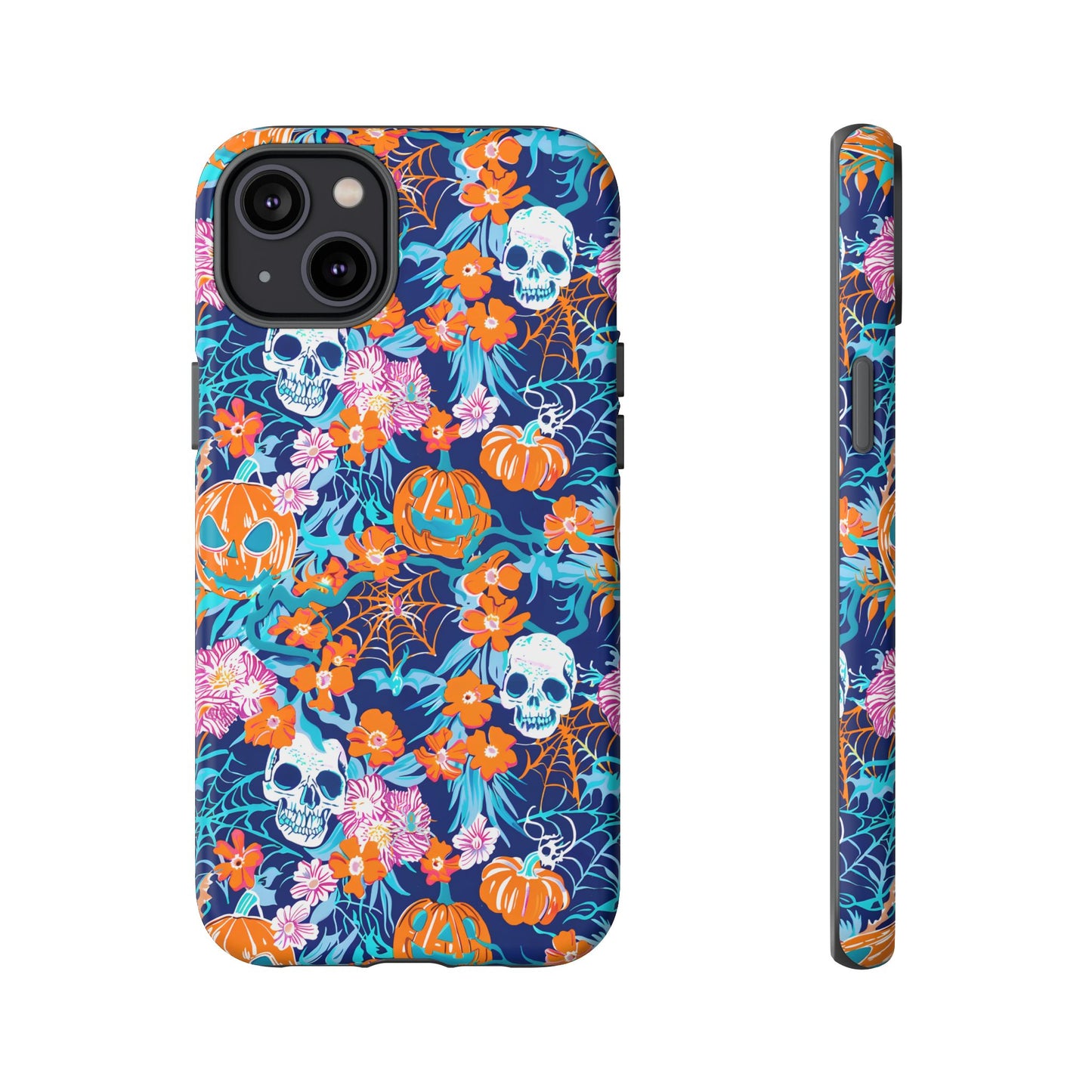 Floral Skulls and Pumpkins Halloween Phone Case – Tough Phone Case – Cute Spooky Design - iPhone 16 - Samsung Galaxy - Google Pixel