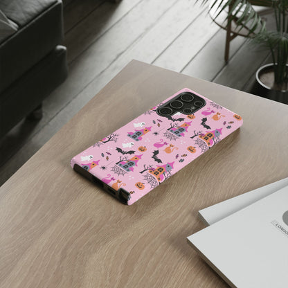 Pink Haunted House and Cats Halloween Phone Case – Tough Phone Case – Cute Spooky Design - iPhone 16 - Samsung Galaxy - Google Pixel