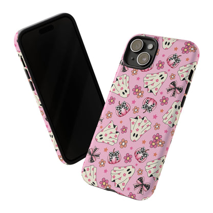 Pink Ghosts and Flowers Halloween Phone Case – Tough Phone Case – Cute Spooky Design - iPhone 16 - Samsung Galaxy - Google Pixel