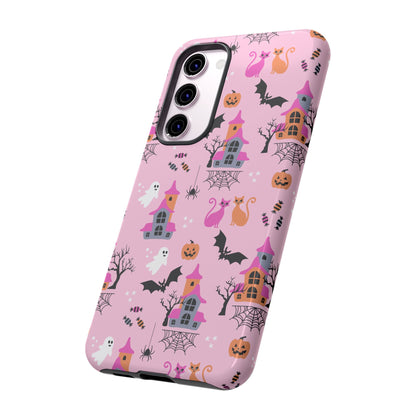 Pink Haunted House and Cats Halloween Phone Case – Tough Phone Case – Cute Spooky Design - iPhone 16 - Samsung Galaxy - Google Pixel