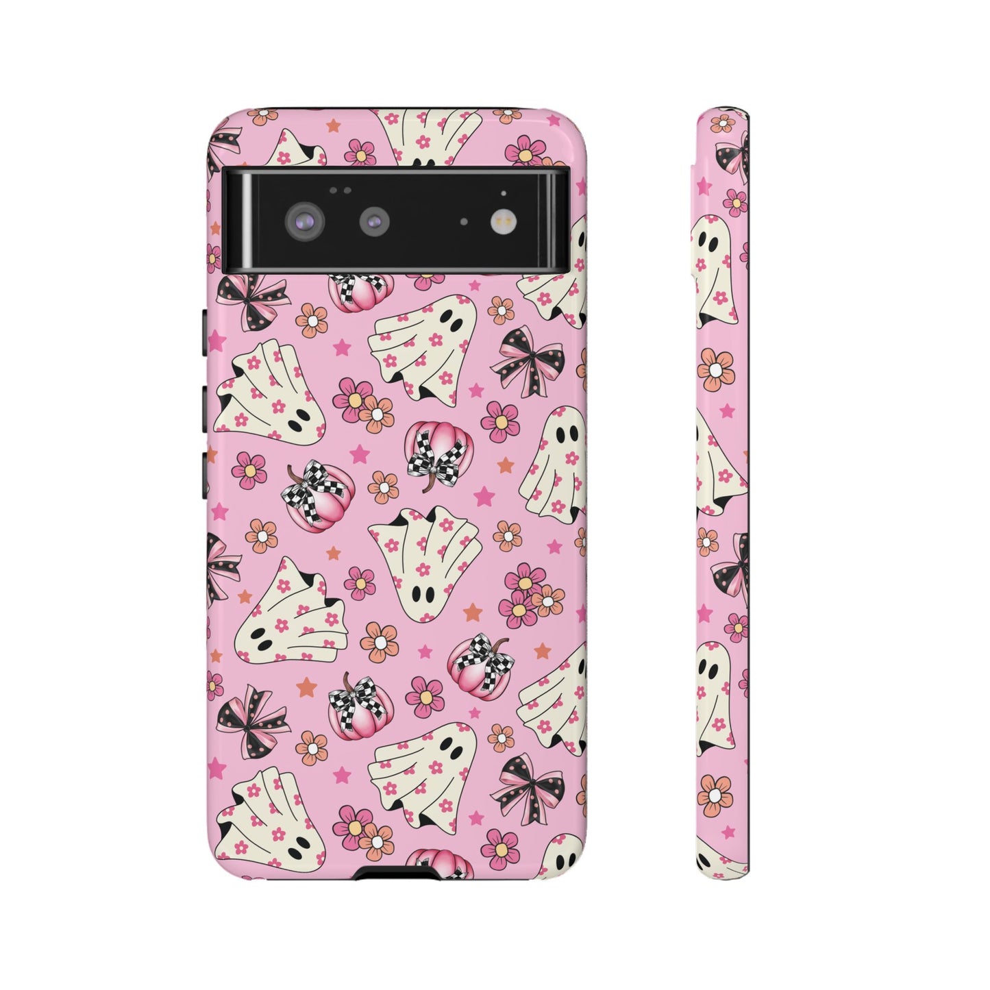 Pink Ghosts and Flowers Halloween Phone Case – Tough Phone Case – Cute Spooky Design - iPhone 16 - Samsung Galaxy - Google Pixel