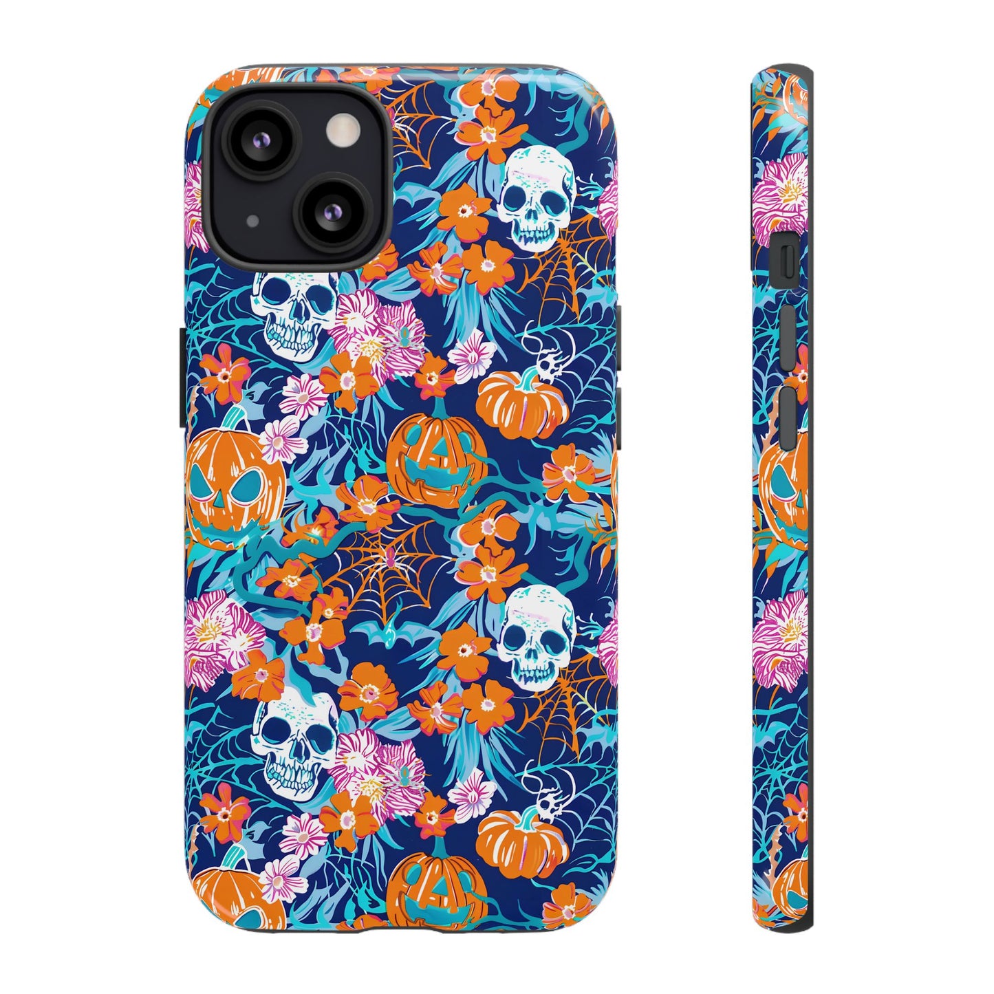 Floral Skulls and Pumpkins Halloween Phone Case – Tough Phone Case – Cute Spooky Design - iPhone 16 - Samsung Galaxy - Google Pixel