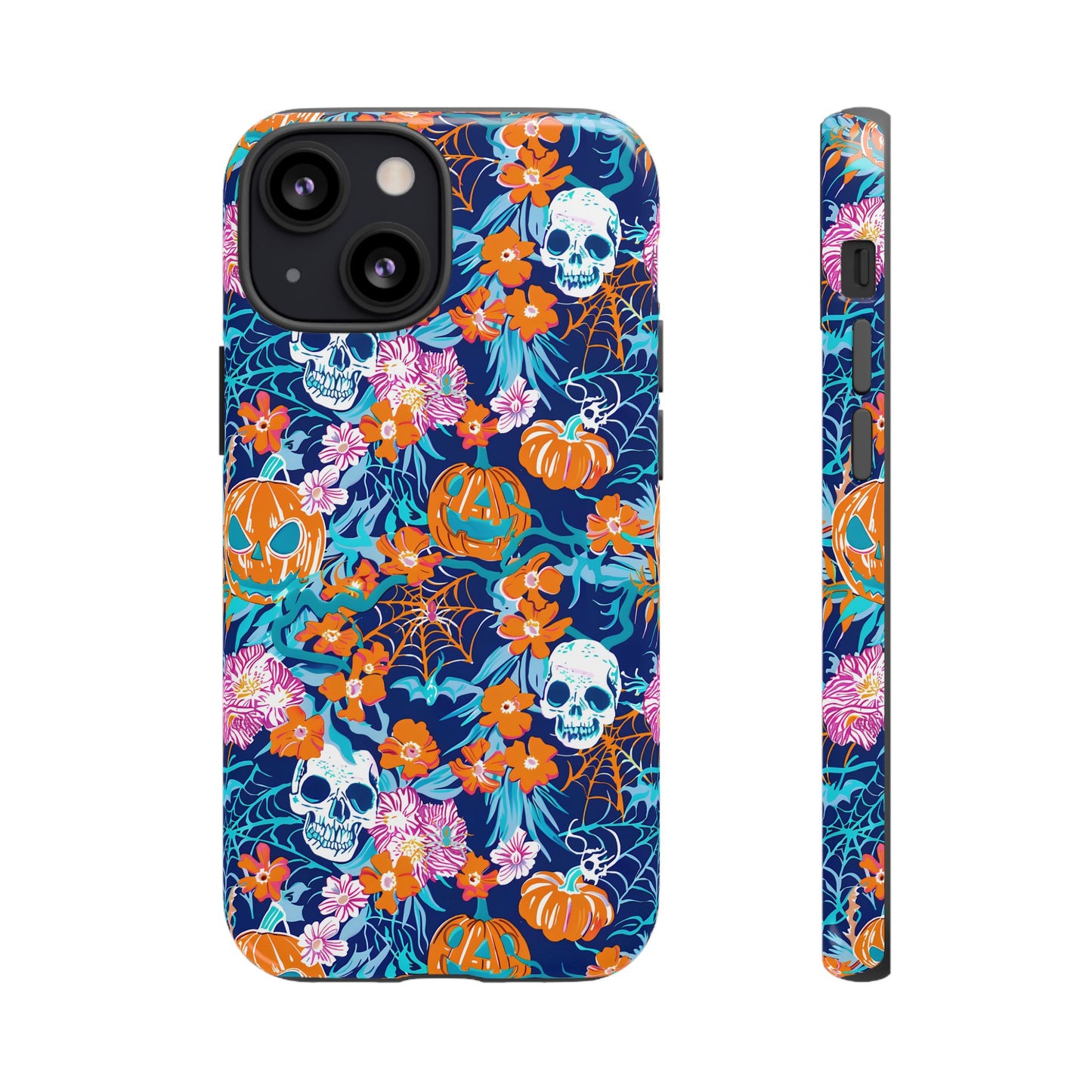 Floral Skulls and Pumpkins Halloween Phone Case – Tough Phone Case – Cute Spooky Design - iPhone 16 - Samsung Galaxy - Google Pixel