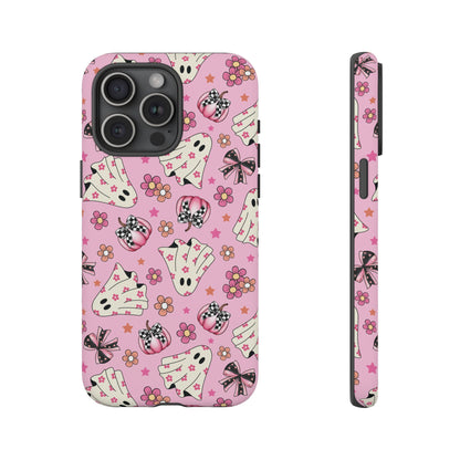 Pink Ghosts and Flowers Halloween Phone Case – Tough Phone Case – Cute Spooky Design - iPhone 16 - Samsung Galaxy - Google Pixel