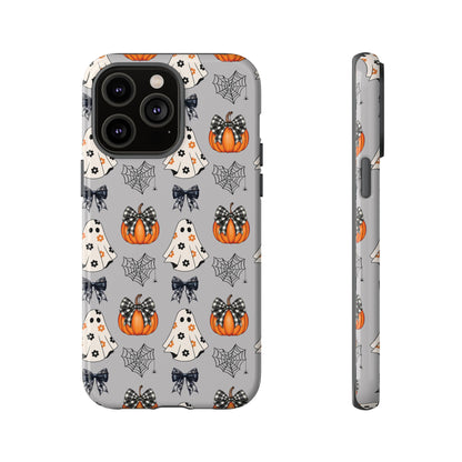 Halloween Ghosts and Pumpkins Gray Phone Case – Tough Phone Case – Cute Spooky Design - iPhone 16 - Samsung Galaxy - Google Pixel