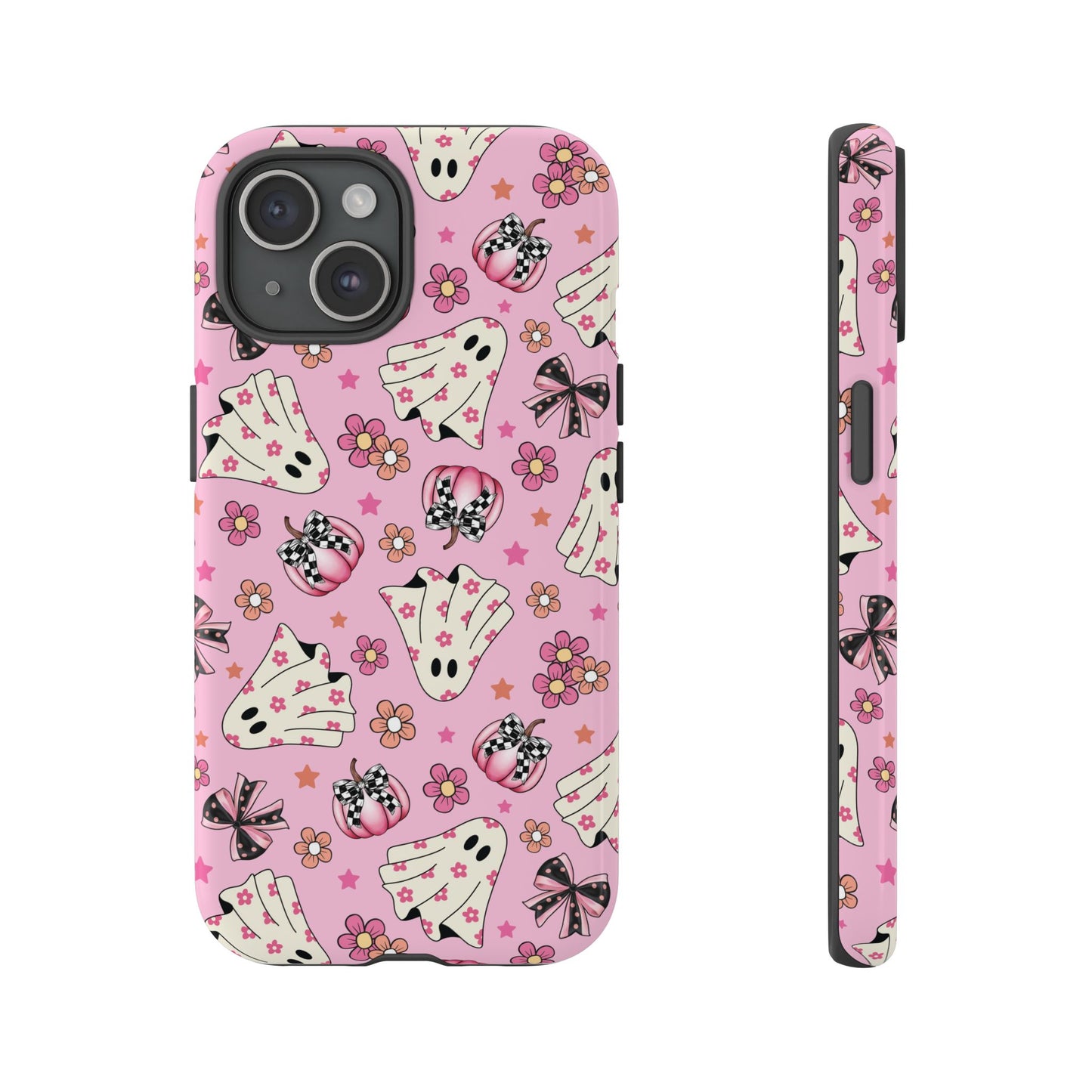 Pink Ghosts and Flowers Halloween Phone Case – Tough Phone Case – Cute Spooky Design - iPhone 16 - Samsung Galaxy - Google Pixel