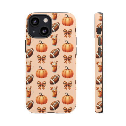 Pumpkins, Footballs, and Bows Fall Autumn Phone Case – Tough Phone Case – Cute Spooky Design - iPhone 16 - Samsung Galaxy - Google Pixel