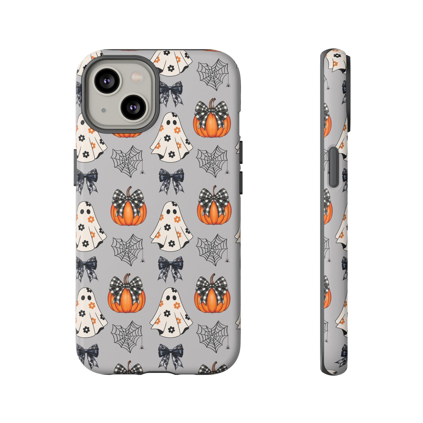 Halloween Ghosts and Pumpkins Gray Phone Case – Tough Phone Case – Cute Spooky Design - iPhone 16 - Samsung Galaxy - Google Pixel