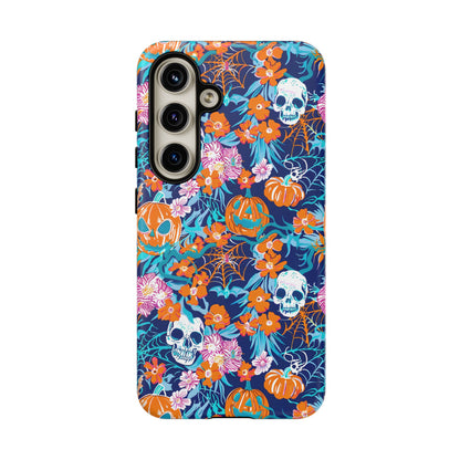 Floral Skulls and Pumpkins Halloween Phone Case – Tough Phone Case – Cute Spooky Design - iPhone 16 - Samsung Galaxy - Google Pixel